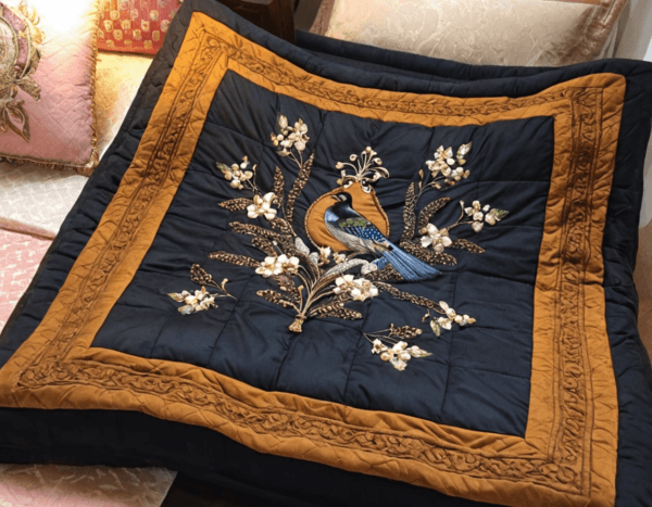 Elegant Peacock Bed Sheet with Hand-Embroidered Floral Design