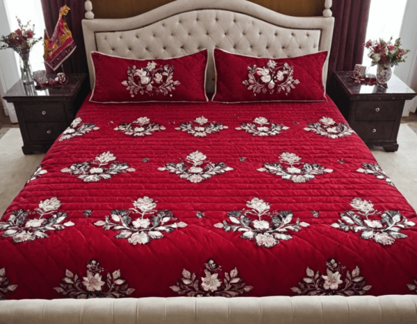 Regal Red Quilted Bedding Set with Embroidered Floral Motifs