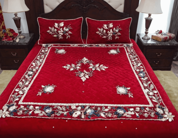 Royal Velvet Bedding Set with Hand-Embroidered Floral Design